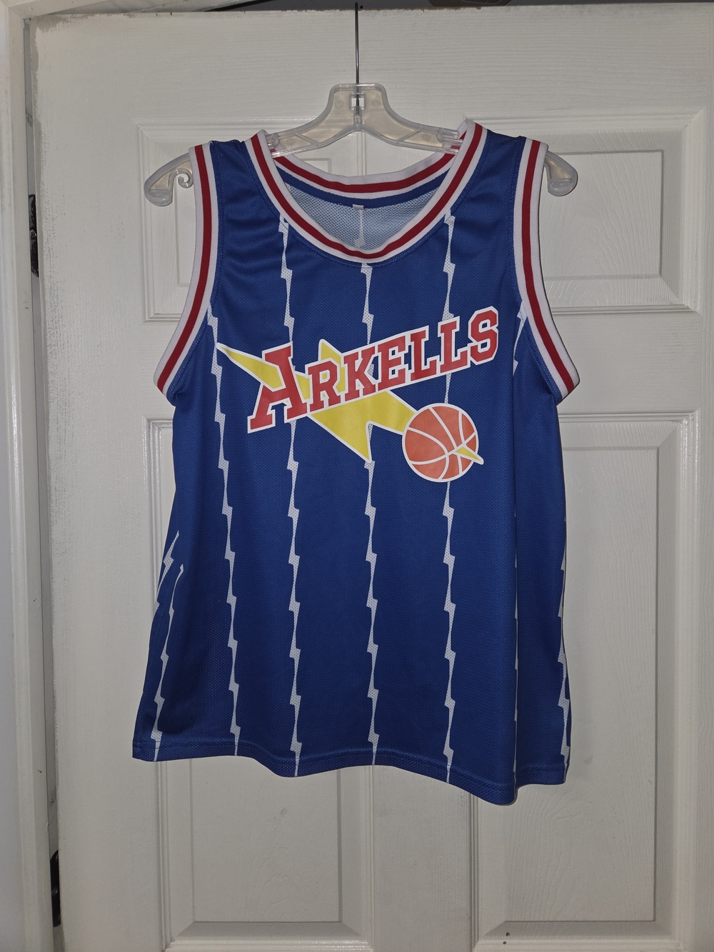 Arkells Rally 22 Sz Small Blue Basketball Jersey with Yellow & Red Graphics